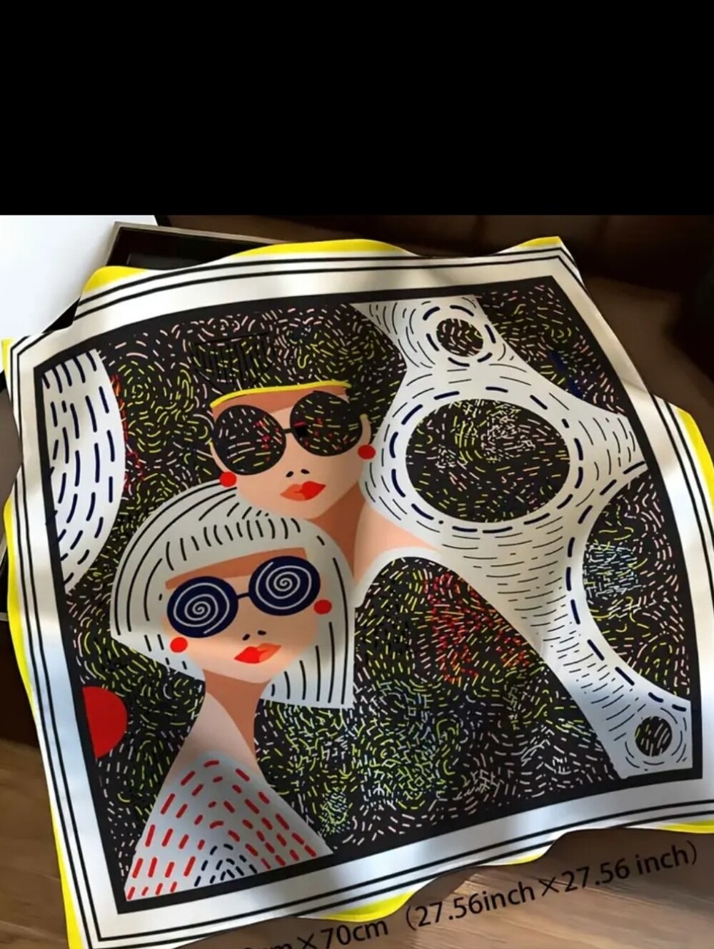 Graphic Pop Art Faces Print Silky Scarf - Yellow Trim Great Gift